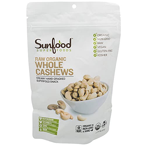 Sunfood Cashews - Unsalted, Organic, Raw, Unroasted. Whole. No Additives. 8 oz Bag