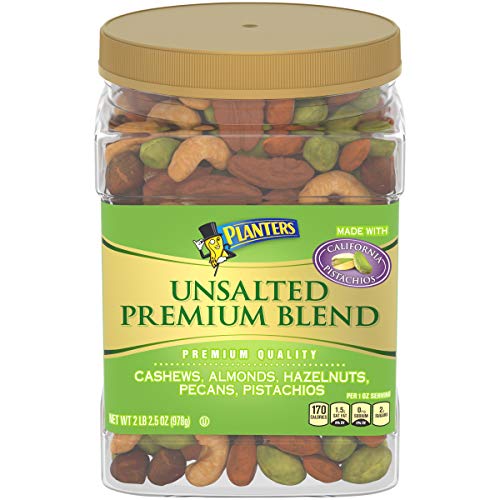 PLANTERS Unsalted Premium Nuts, 34.5 oz. Resealable Container - Contains Roasted California Pistachios, Cashews, Almonds, Hazelnuts & Pecans - No Artificial Flavors or Colors - Kosher